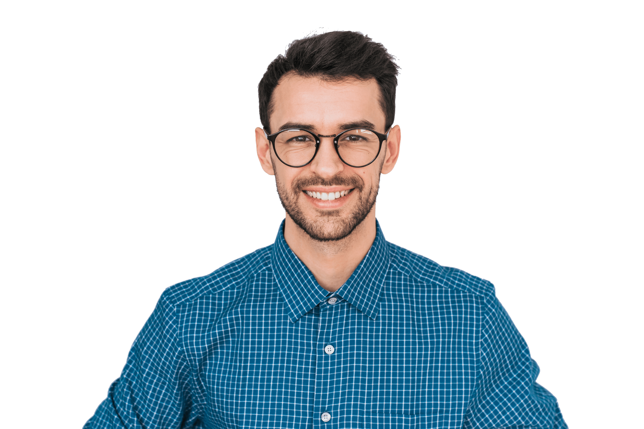 A smiling man wearing fashionable glasses.